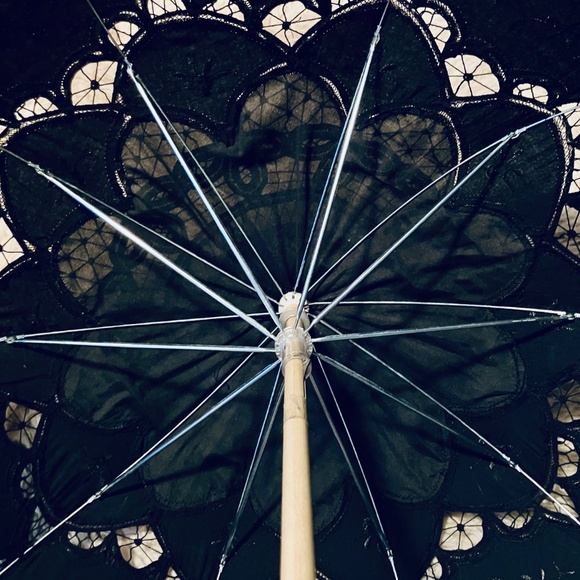 1920s-Style Black Battenberg Lace Parasol with Wood/ Metal Hardware - Picture 3 of 7